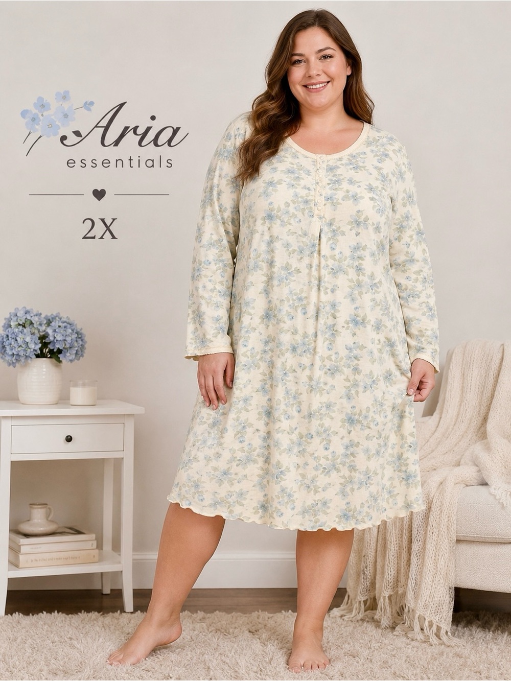 Aria Essentials Floral Nightgown Sleep Shirt 2X Soft Cottagecore Loungewear